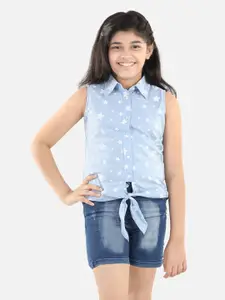 StyleStone Girls Blue Stars Printed Pure Cotton Top and Shorts