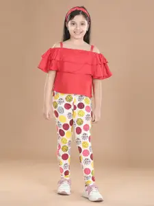 StyleStone Girls Red & Multicoloured Top with Jeggings