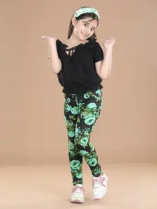 StyleStone Girls Black & Green Top with Floral Printed Jegging