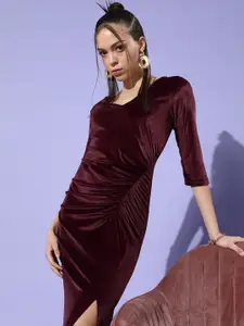 Miss Chase Women Elegant Mauve Solid Ruched Dress