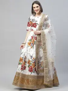 Readiprint Fashions White & Red Printed Sequinned Semi-Stitched Lehenga & Unstitched Blouse With Dupatta
