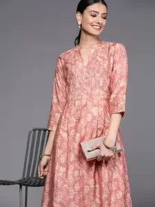 Libas Pink & Beige Ethnic Print A-Line Midi Dress