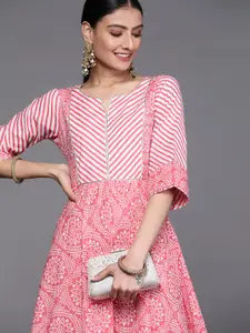 Libas Pink & White Ethnic Printed Cotton Maxi Dress