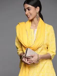 Libas Women Yellow Bandhani Printed Gotta Patti Pure Cotton Kurta with Skirt & With Dupatta