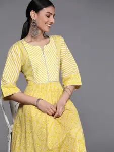 Libas Yellow & White Ethnic Printed Cotton Maxi Dress