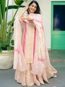 Libas Women Cream-Coloured Floral Printed Gotta Patti Pure Cotton Kurta with Skirt & With Dupatta