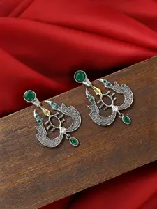 VIRAASI Green & Silver-Toned Contemporary Drop Earrings