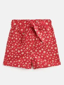 luyk Girls Red & White Pure Cotton Floral Printed Shorts