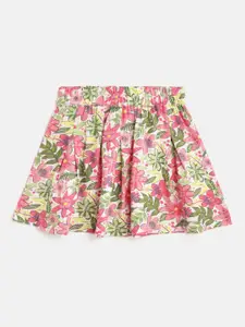luyk Girls White & Pink Pure Cotton Floral Print Flared Mini Skirt