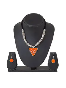 Shining Jewel - By Shivansh Silver-Plated & Orange Oxidised Necklace