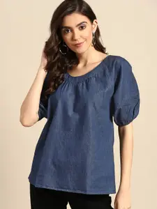 all about you Women Blue Solid Pure Cotton Denim Top