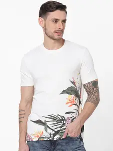 Celio Men Off White & Green Printed Tropical Cotton T-shirt