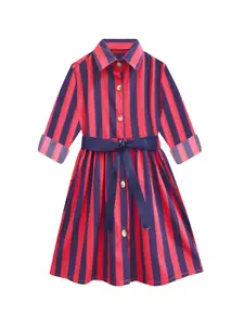 A.T.U.N. A T U N Pink & Blue Striped Shirt Dress With Belt