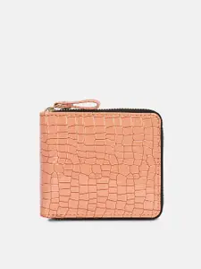 Bagsy Malone Women Peach-Coloured Abstract Textured PU Zip Around Wallet