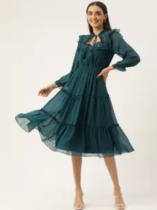 Antheaa Teal Green Self Design Sequin Detail Tie-Up Neck Chiffon Tiered Dress