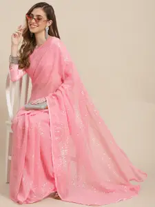Mitera Pink Embellished Sequinned Pure Georgette Heavy Work Saree
