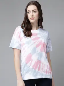 The Dry State Women White & Blue Tie & Dye Loose Fit Cotton T-shirt