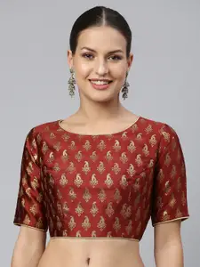 flaher Women Maroon & Gold Ethnic Motifs Jacquard Woven Design Saree Blouse with Tie-Ups
