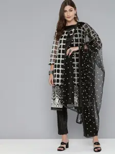 Kvsfab Black & Off-White Net Embroidered Unstitched Dress Material