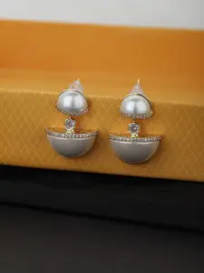 Carlton London Gold-Toned & Off White Stone Studded & Beaded Contemporary Drop Earrings