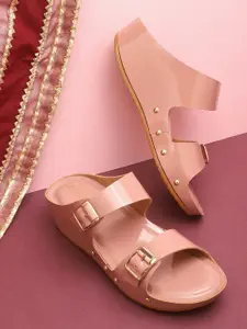 ICONICS Pink Embellished Wedge Heels with Buckles