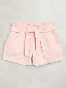 Cherry Crumble Girls Peach-Coloured & White Cotton Polka Dots Print Shorts with Belt