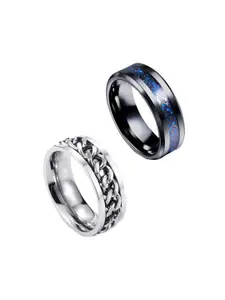 Yellow Chimes Men Silver Toned & Blue Set Of 2 Rhodium Plated Rings