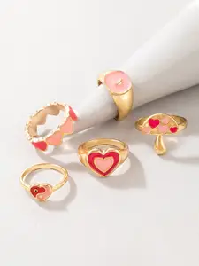 Yellow Chimes Set Of 5 Gold-Plated Pink Enameled Finger Ring