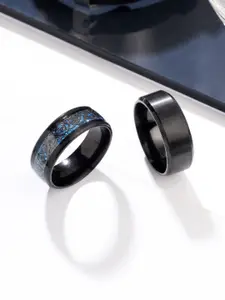 Yellow Chimes Men Set Of 2 Rhodium-Plated Stainless Steel Finger Ring