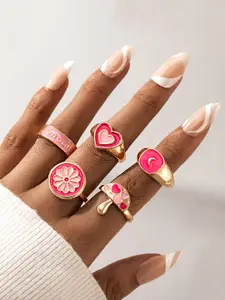 Yellow Chimes Set Of 5 Gold-Plated Pink Enamelled Finger Ring