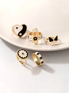 Yellow Chimes Set Of 5 Gold-Plated & Black Enameled Finger Ring