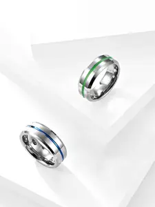 Yellow Chimes Men Set Of 2 Rhodium-Plated & Silver Toned Classic Grooved Rings