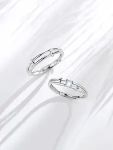 Yellow Chimes Set of 2 Silver-Plated & White Crystal-Studded Adjustable Couple Finger Ring