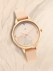 Fastrack Women Beige Brass Printed Dial & Beige Leather Straps Analogue Watch 6259WL01