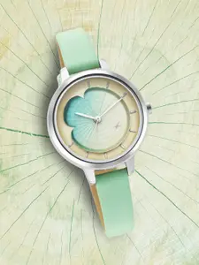 Fastrack Women Green Brass Printed Dial & Green Leather Straps Analogue Watch 6264SL01