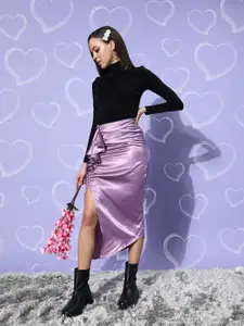 Cation Women Purple Solid Side Slit Midi Skirt