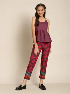 Sangria Girls Burgundy & Red Pure Cotton Solid Top with Trousers