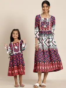 Sangria Girls Red & Navy Blue Geometric Print Ethnic A-Line Dress