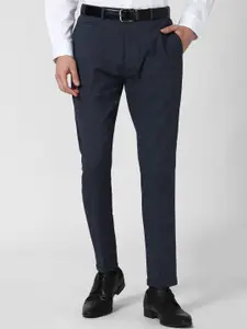 Peter England Men Navy Blue Checked Slim Fit Formal Trousers