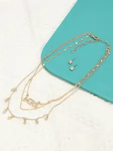 AMI Woman Gold-Plated & White Stone Studded 3 layers Necklace & Stud Earring Set