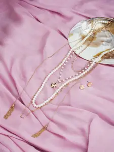 AMI Woman Gold-Plated Pearl Studded 5 Layers Necklace & Stud Earring Set