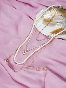 AMI Woman Gold-Plated Pearl Beaded 5 Layers Necklace & Stud Earring Set