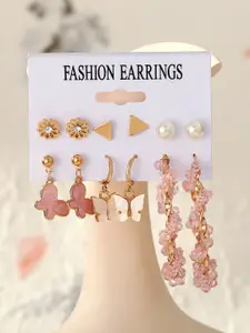 Yellow Chimes Pink Set Of 6 Gold Plated Quirky Studs Earrings