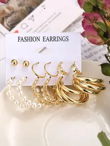 Yellow Chimes Set of 6 Gold Plated Pearl Contemporary Hoop and Stud Earrings