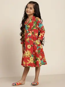 Sangria Girls Red & Yellow Pure Cotton Floral Print Wrap Dress
