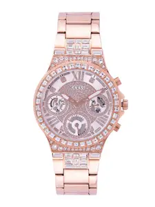 GUESS Women Rose Gold-Toned Embellished Analogue Multi Function Watch GW0320L3