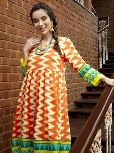 Sangria Orange & Yellow Pure Cotton Geometric Printed Ethnic A-Line Midi Dress