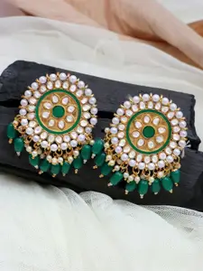 Crunchy Fashion Green & Gold-Plated Kundan & Pearl Studded Meenakari Studs Earrings