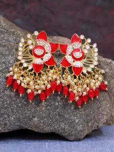 Crunchy Fashion Red & Gold-Plated Kundan Studded Meenakari Drop Earrings