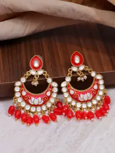 Crunchy Fashion Red & Gold-Plated Contemporary Kundan-Studded Chandbalis Earrings